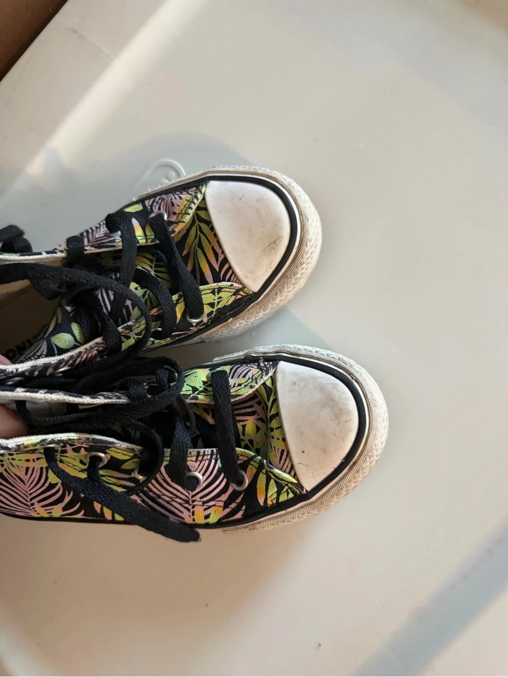 Converse Kids High Top Sneakers Black with Neon Green & Pink Leaf Print